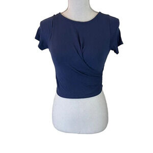 Windsor Dusty Blue Cropped Top XS Short Sleeve Stretch Draped Ruched Knit Blouse